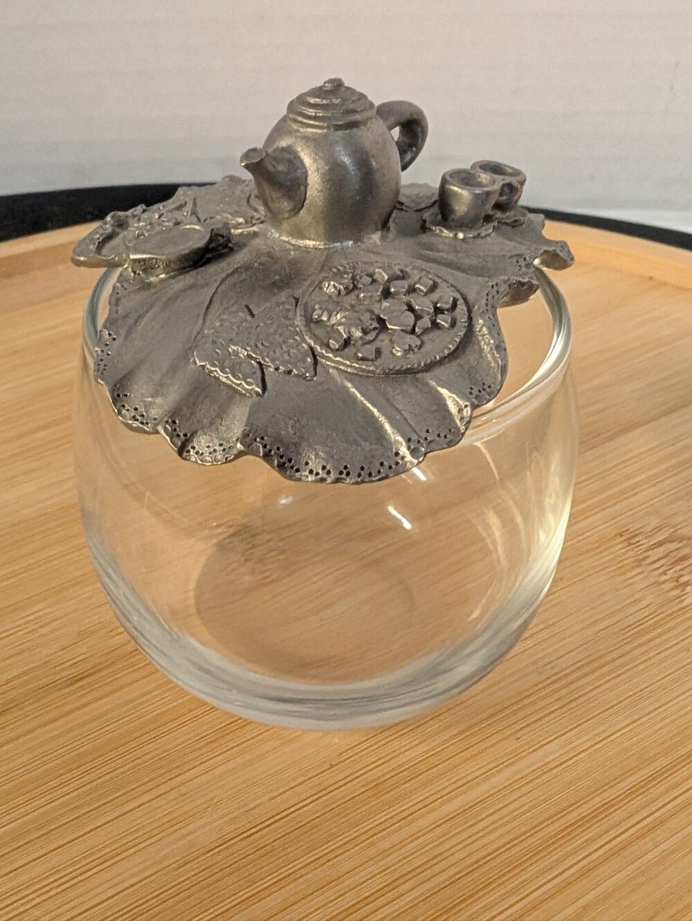 Vintage Seagull Pewter cover and Glass Bowl Jam jar Teapot Design